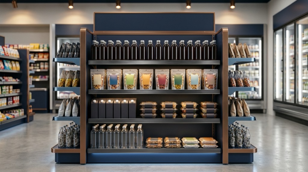 An emerging convenience brand merchandised on a bright on-base shoppette shelf